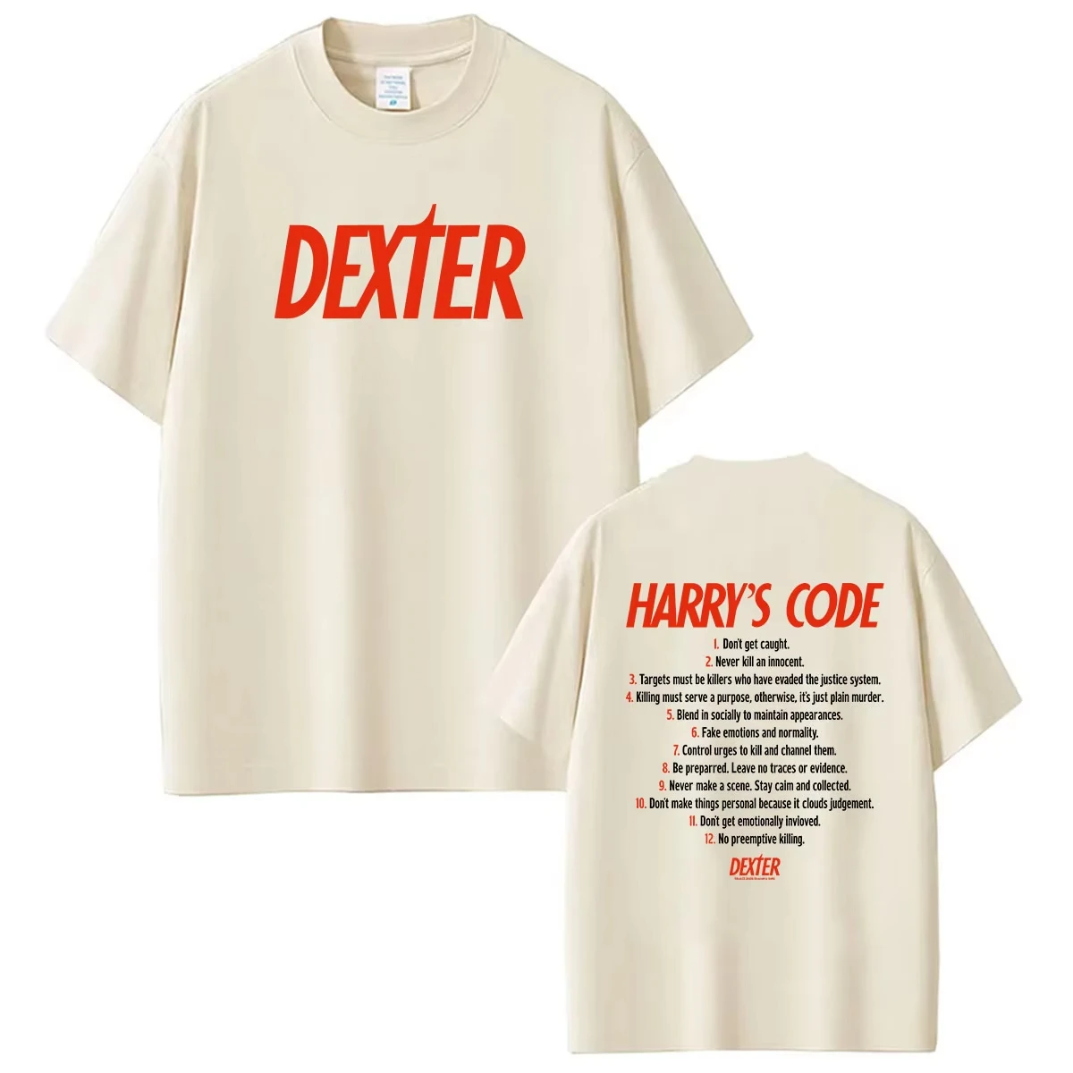 Camiseta Dexter Morgan Harry's Code 2026 com estampa dupla face, masculina e feminina, retrô, gola redonda, moda, algodão puro, streetwear