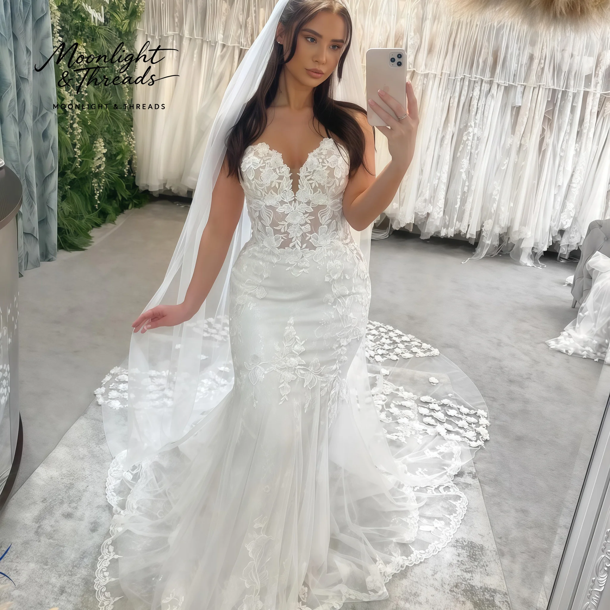 

White sleeveless strapless mermaid-style formal wedding gown featuring exquisite embroidery and a veil