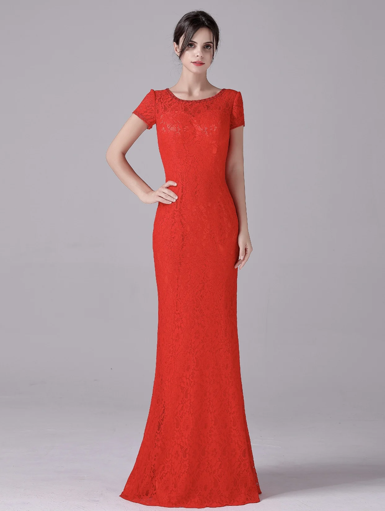 Red Lace Mermaid Long Mother Of Bride Dresses With Short Sleeves Women Modest Elegant Formal Wedding Party Dress Floor Length