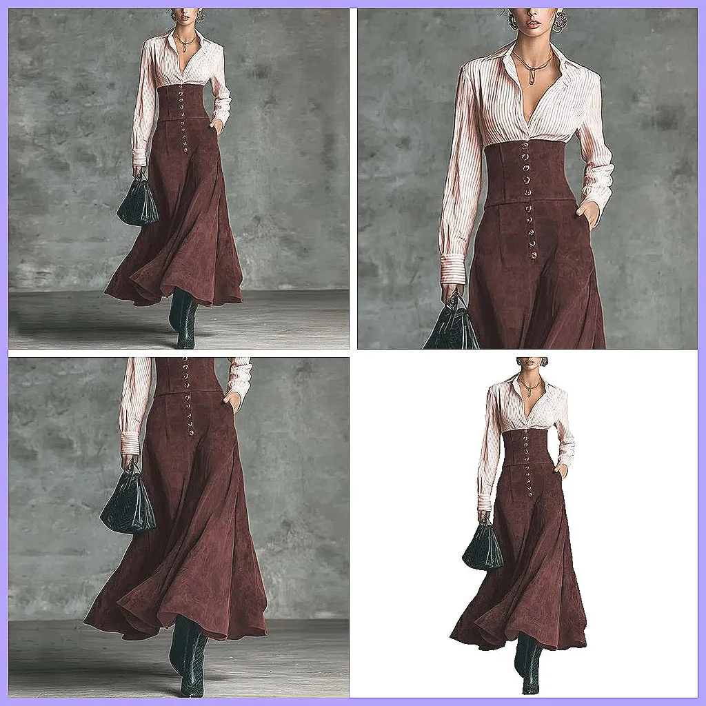 

Elegant Light Pink Patchwork Shirt Dress for Women, Office & Casual Long Dress with Turn-Down Collar