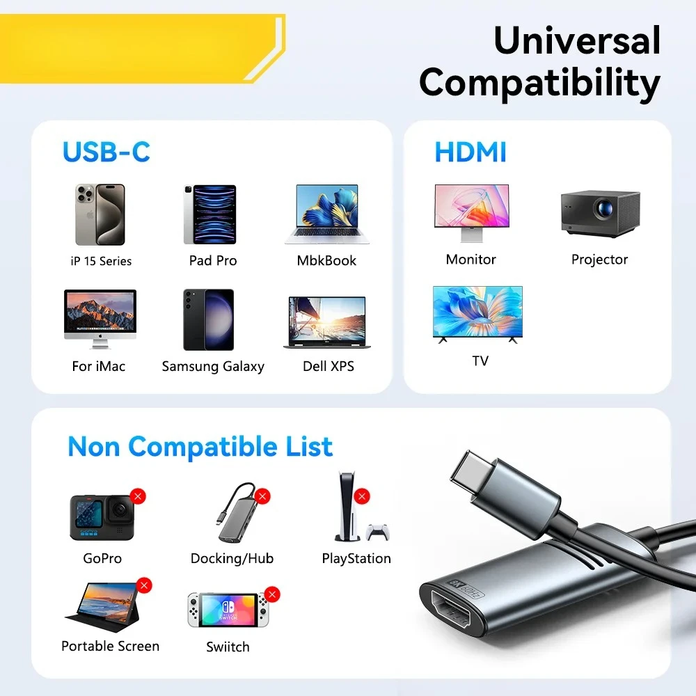 مناسبة لهواتف iPhone وMac وAir وiPad وSamsung Galaxy 8K@60 هرتز 4K@120 هرتز/144 هرتز HDMI إلى USB Type-C محول كابل تلفزيون عالي الدقة