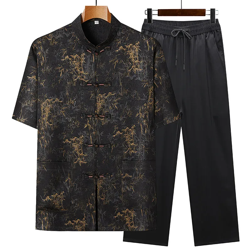 (Shirt + trousers) 2026 summer men printing shirt Man Two-piece set shirts men's casual Chinese style shirts full size M-4XL
