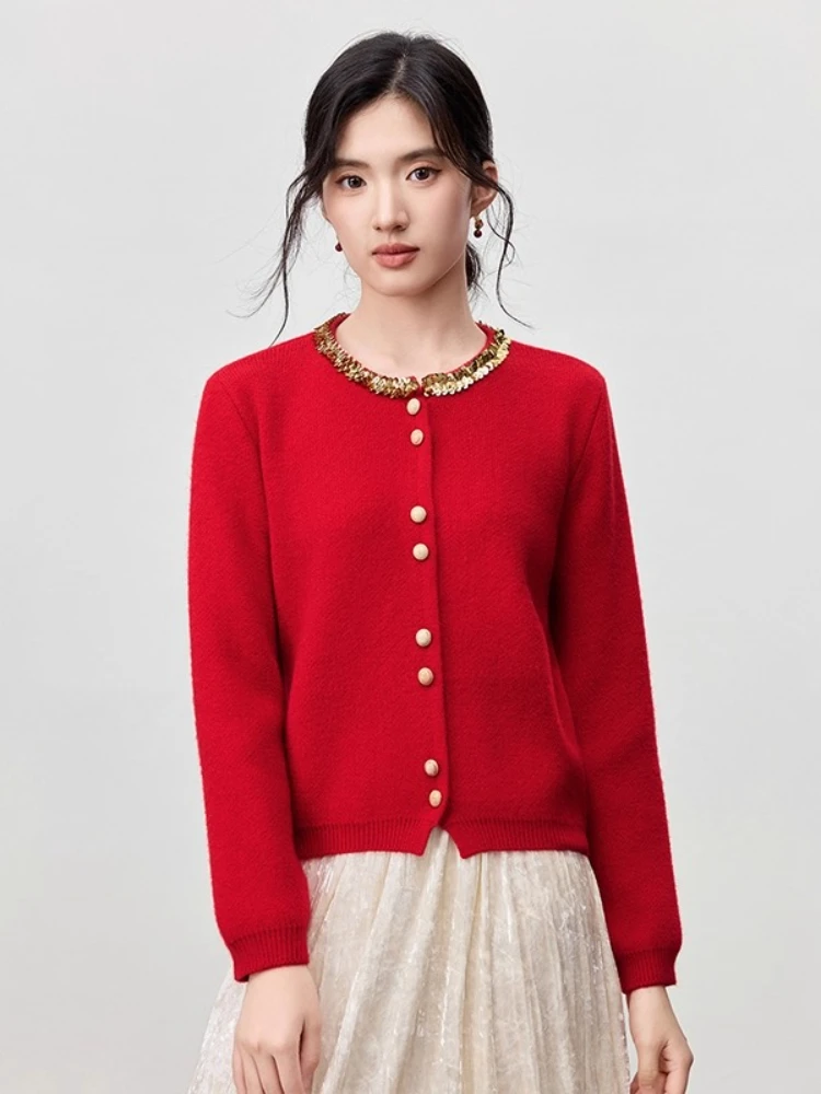 SENTUBILA Cardigan casual da donna 2025 Autunno monopetto con paillettes maglioni tinta unita manica lunga top in maglia femminile W54EB3954
