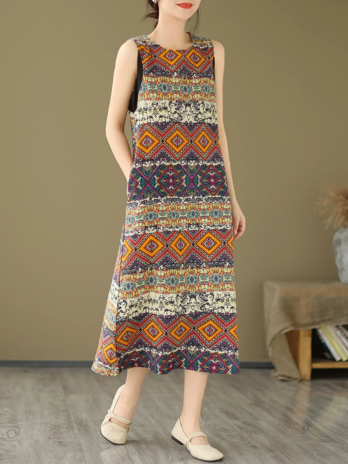 เสื้อกั๊กลายดอกย้อนยุค กระโปรงทรงเอเอวหลวมความยาวปานกลาง สไตล์วินเทจ สำหรับผู้หญิง ฤดูร้อน คอกลม