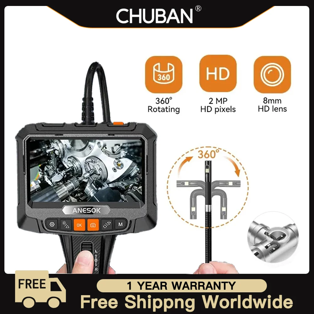 

360° Steering Industrial Endoscope Camera 8mm 5"IPS Screen Single&Dual Lens Inspection Borescope 1080P For Car Engine