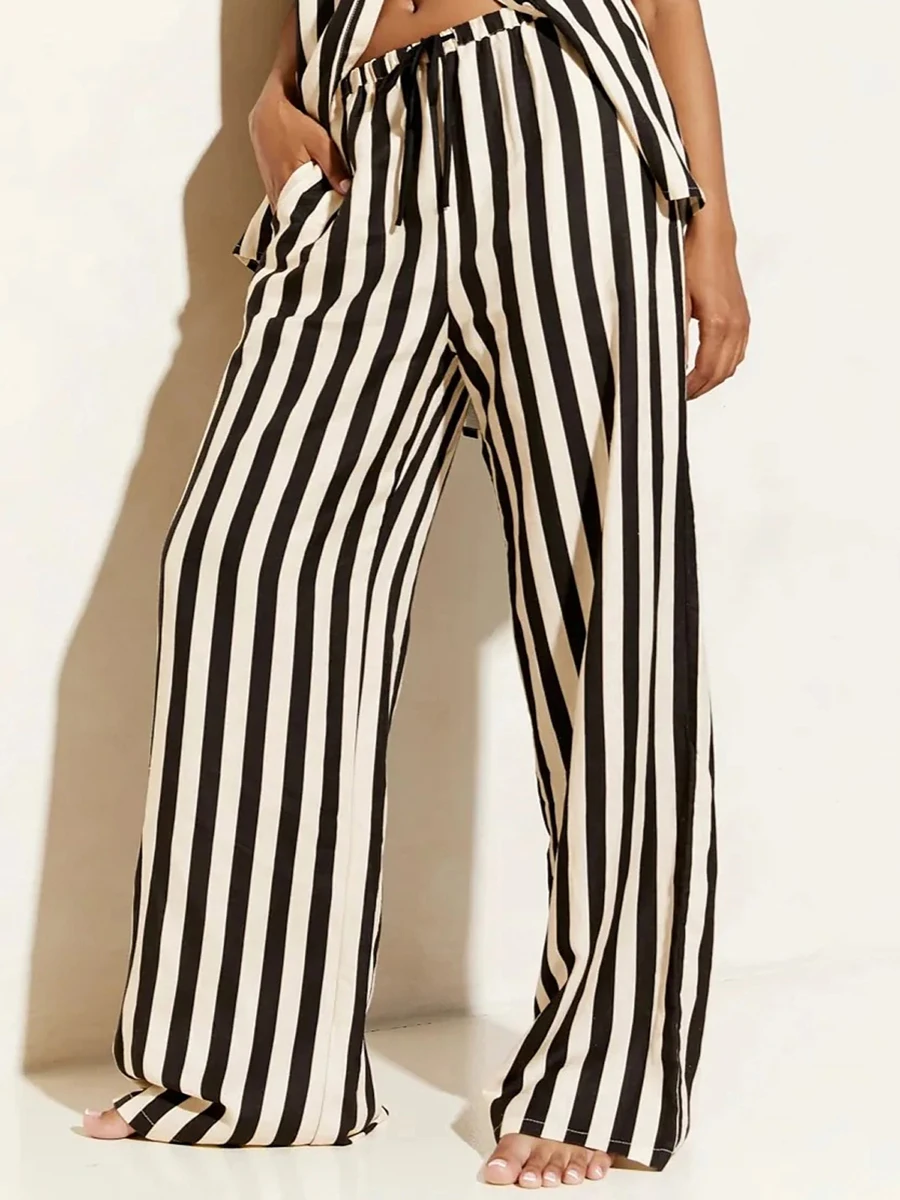 

New Fashion Womens Spring Summer Baggy Pants Drawstring Waistband Loose Wide Leg Striped Pants Hot Sale S-XL