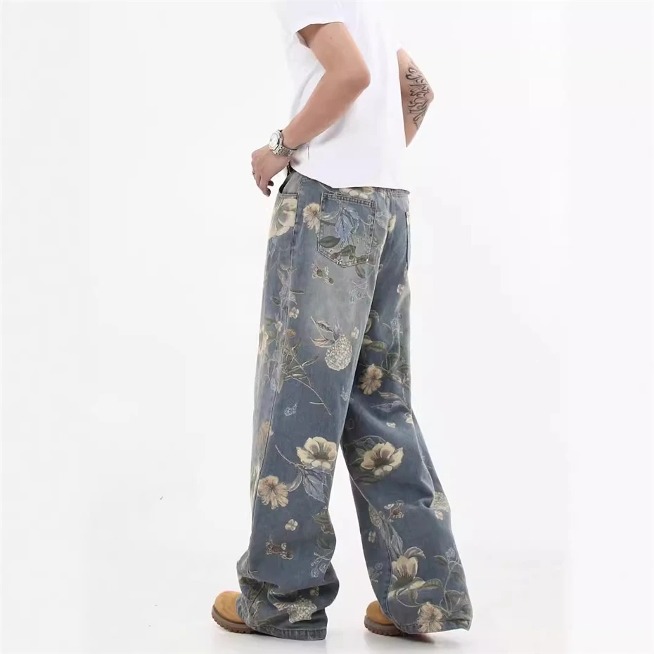 Hip Hop Flower Printed Jeans Mens Streetwear Punk Y2k Jeans Trousers Men Harajuku Vintage Washed Baggy Wide-leg Denim Pants