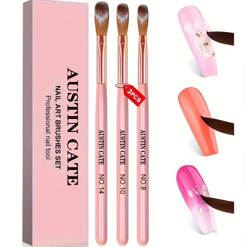 3Pcs/set Pink Acrylic Powder Nail Art Brush #8/#10/#14 Acrylic Pink Pen Brush For Extension Nail DIY Professional Nail Brush Kit