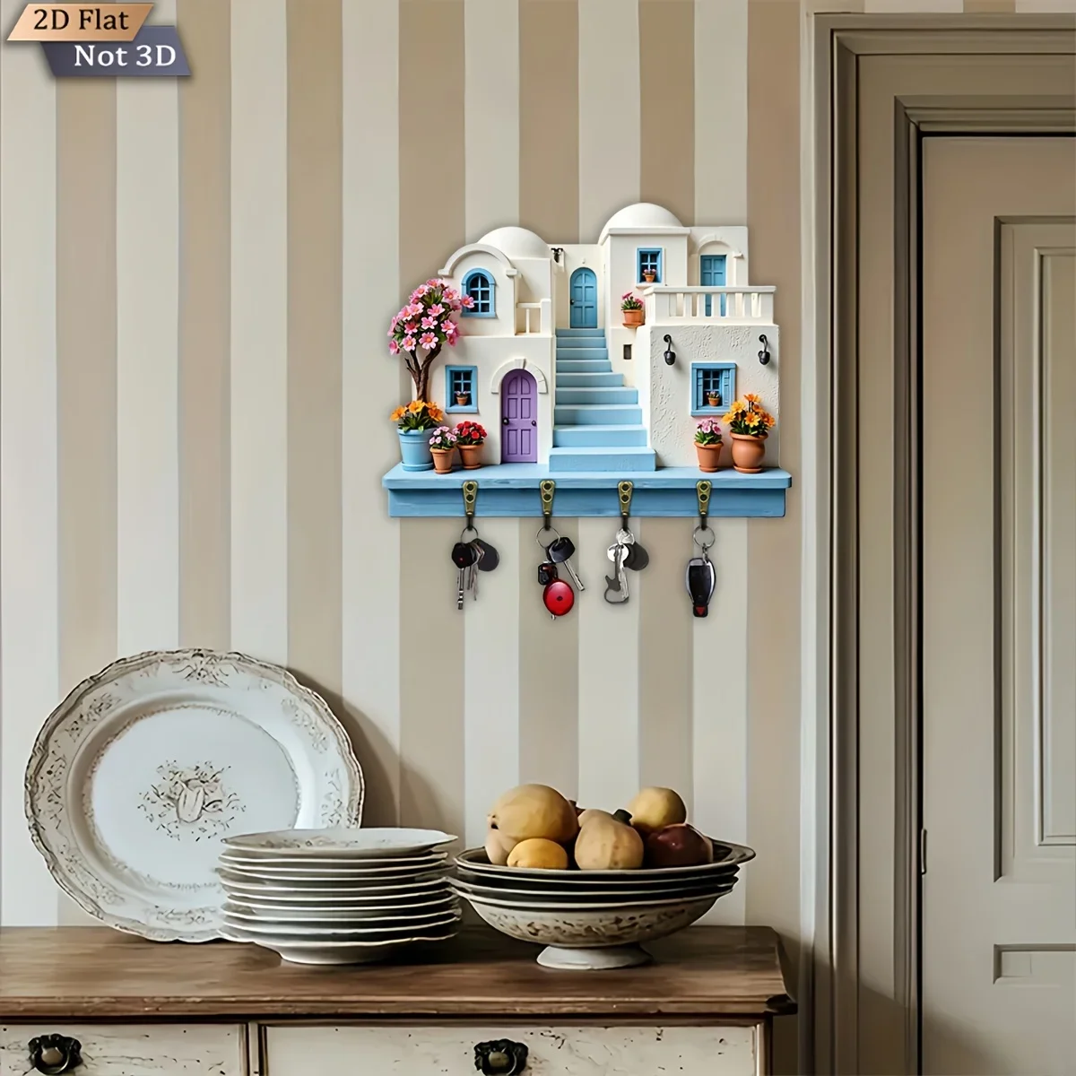 2D Flat, 1pc, Santorini Blue And White Town Theme Key Hook, Wooden Multifunctional Home Key Holder with Four Metal Hooks,