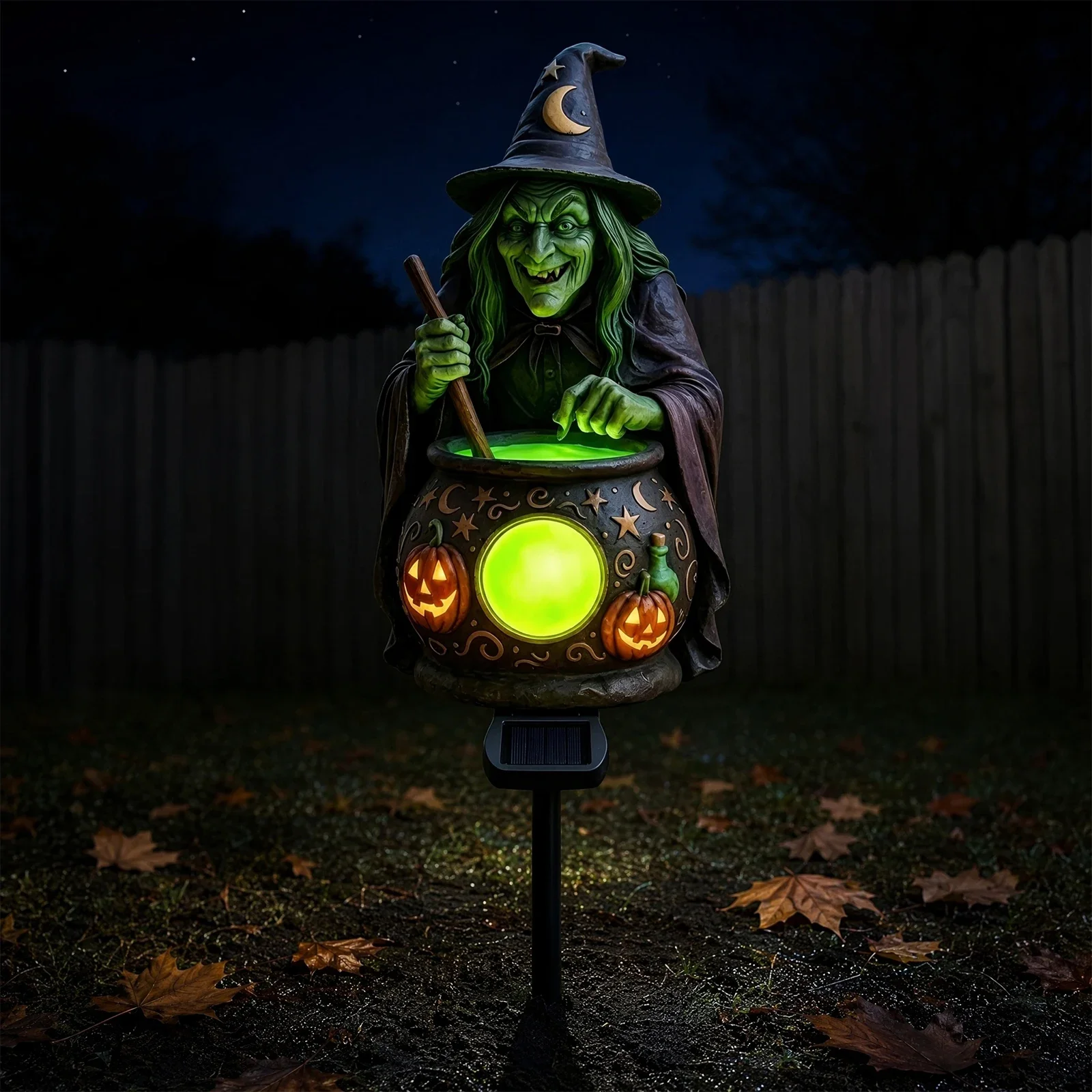 Solar Garden Light Halloween Witch Cauldron Pumpkin Resin Outdoor Stake Dusk to Dawn Auto On Off Yard Path Lantern