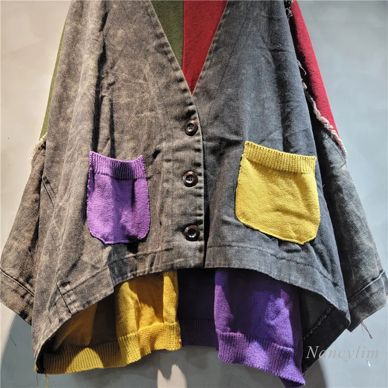 Retro Distressed Contrast Color Knitted Stitching Jeans Jacket Loose Coat 2024 Autumn Fashion Women's Oversized Coats