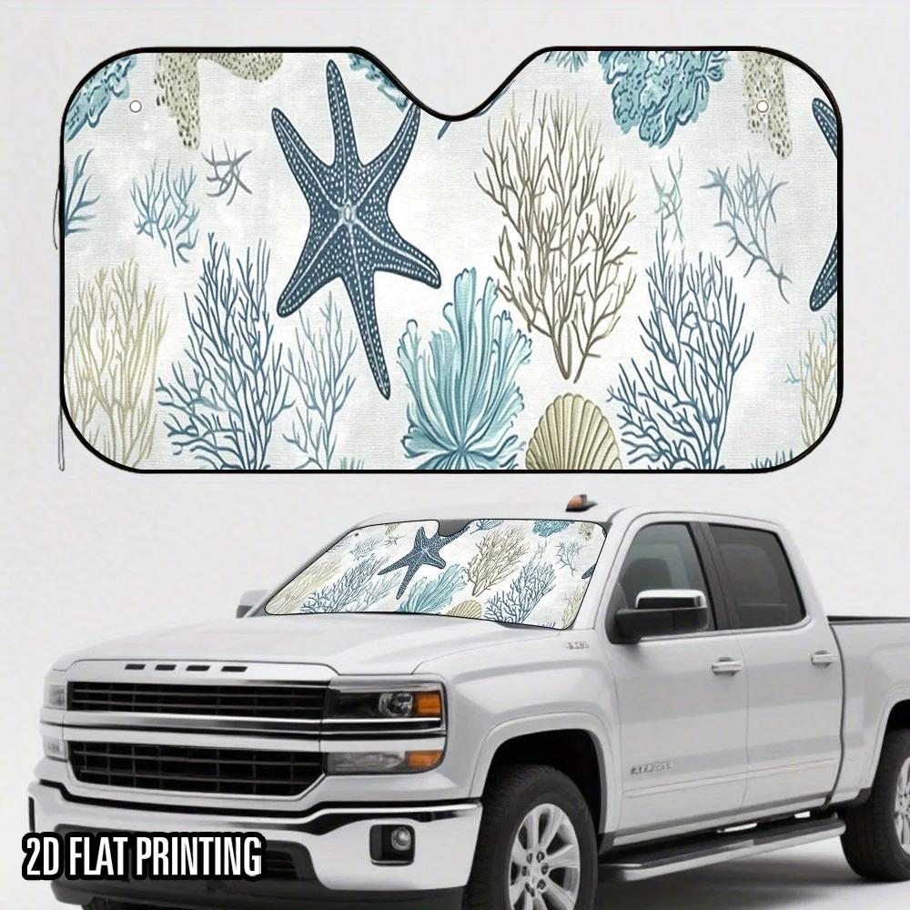 2D Flat Marine Coral Print Car Sunshade – Stylish & Efficient, Includes 4 Suction Cups For Easy Installation, Foldable For Conve
