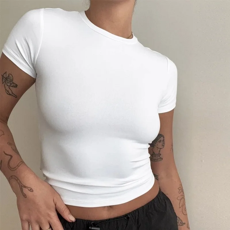 Woman Clothing Short Sleeve T-shirt Slim Fit Tops Female O-Neck Knitted Sheath Tee Shirt Street Wear Sex Sporty 2024 Y2K New