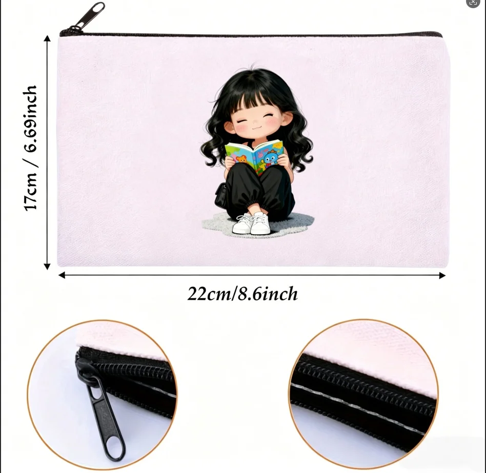 1PC Double Sided Print Curly Hair Girl Reading Book Canvas Zipper Cosmetic Storage Pouch