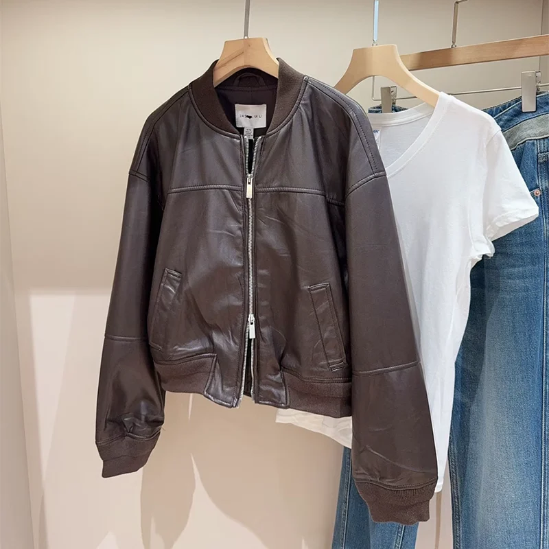 Sli ort American Retro Leather Jaet Mantel Kerah Ritsleting Wanita Merek Wimigirls Longgar Fit Lengan Panjang Pakaian Luar Musim Semi