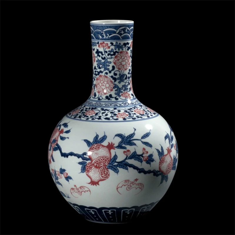 Ceramic Chinese Style Archaize Blue and White Longevity Drawing Vase Living Room Home Decor