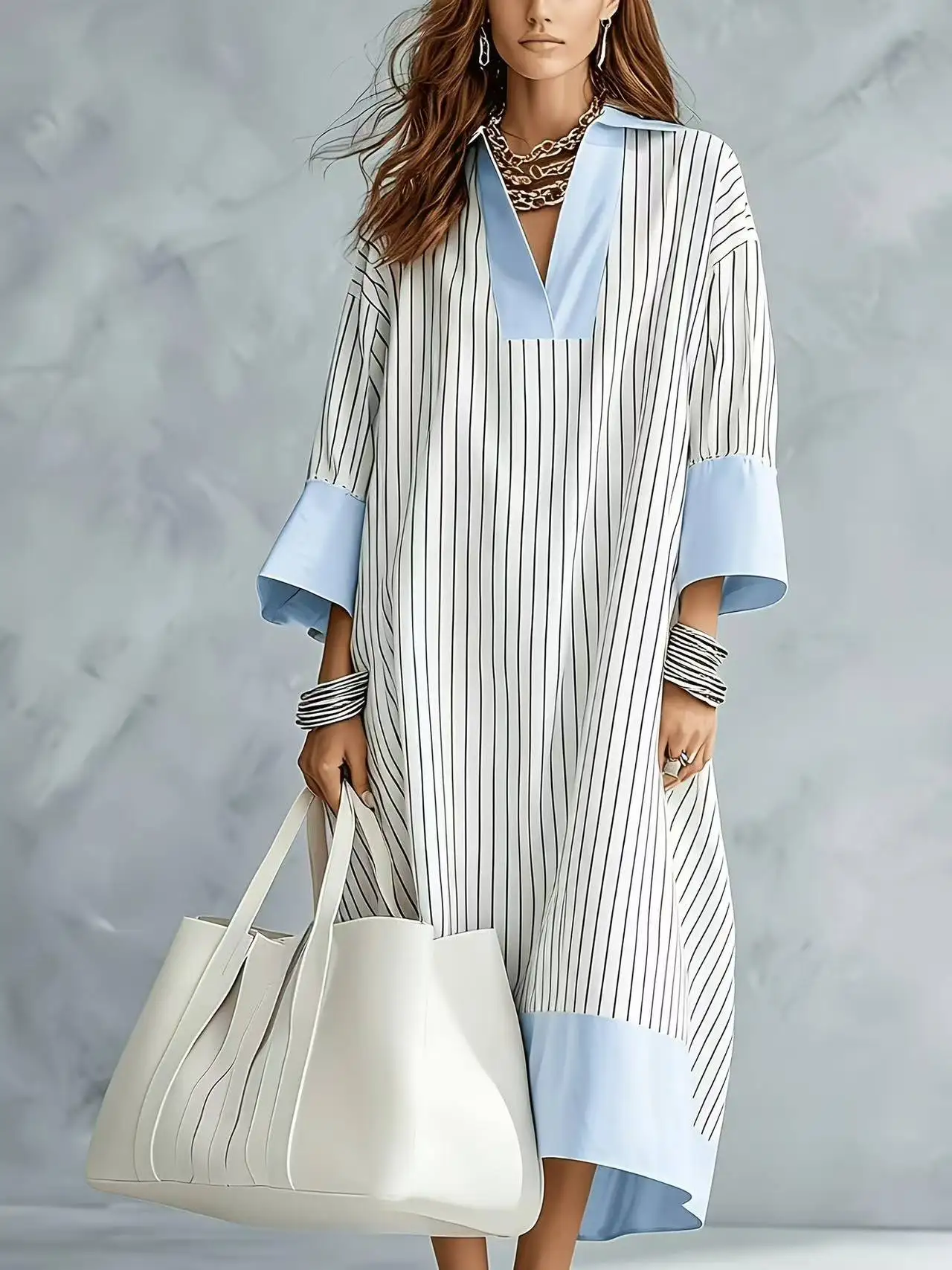 Europäisch-amerikanisches Farbblock-Kleid mit gestreiftem Saum und Knopfleiste, lässiges, locker sitzendes Midi-Hemdkleid für Pendlerinnen – Detail 1
