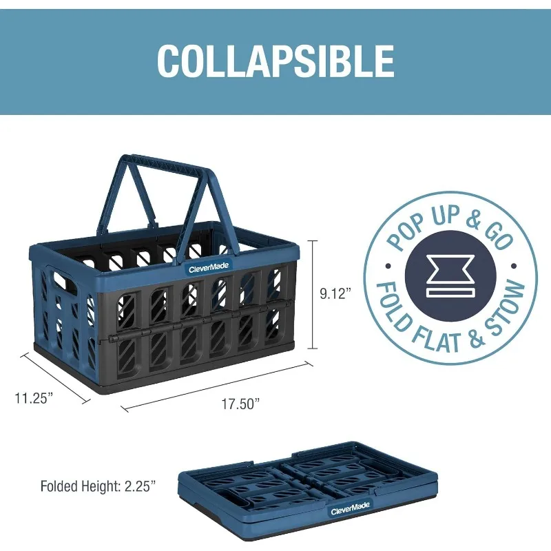 Collapsible Shopping Basket 3-Pack, 24L Foldable Storage Crates with Handles, Ocean Blue Design