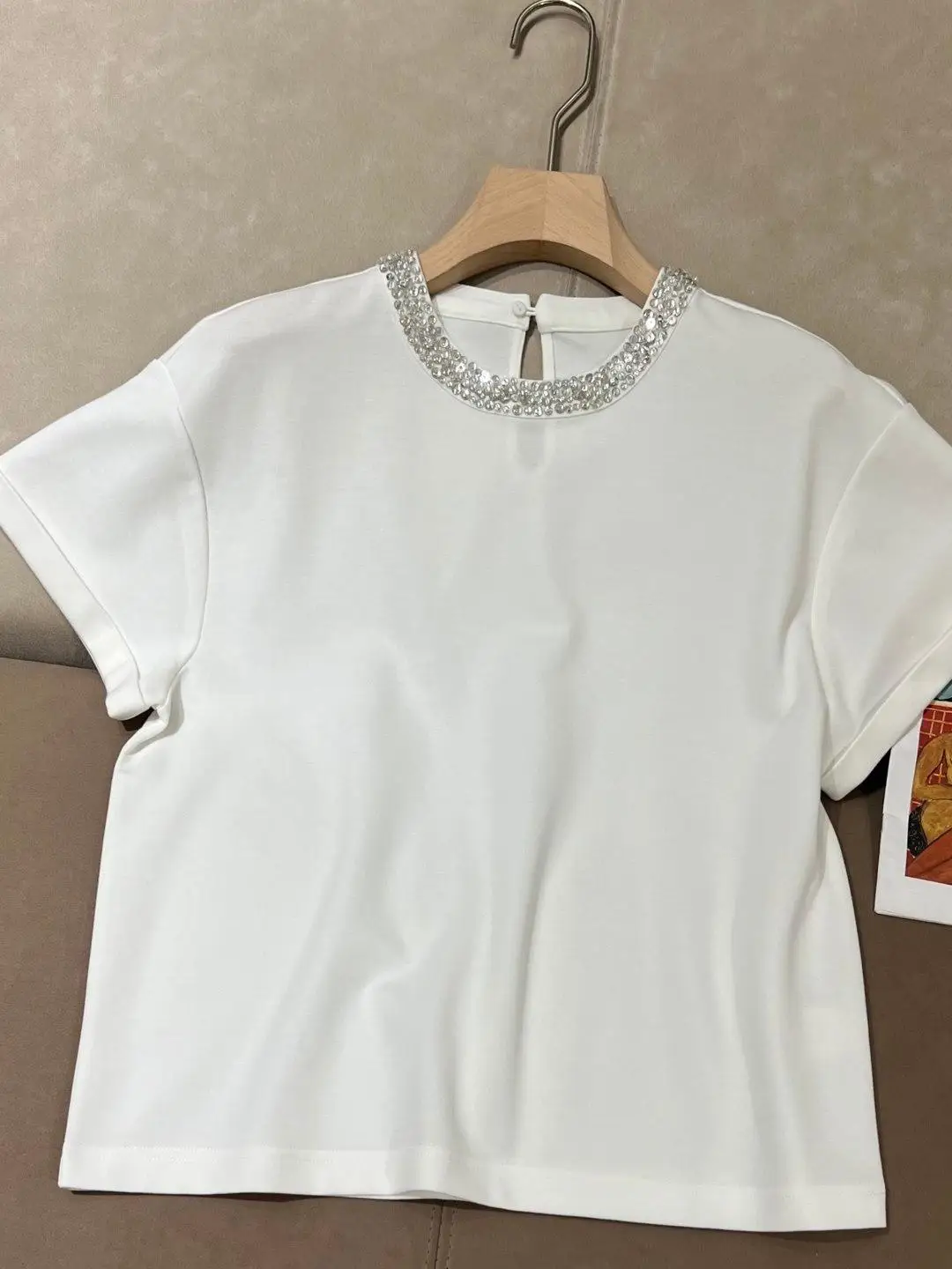 Versatile casual heavily beaded short sleeved T-shirt