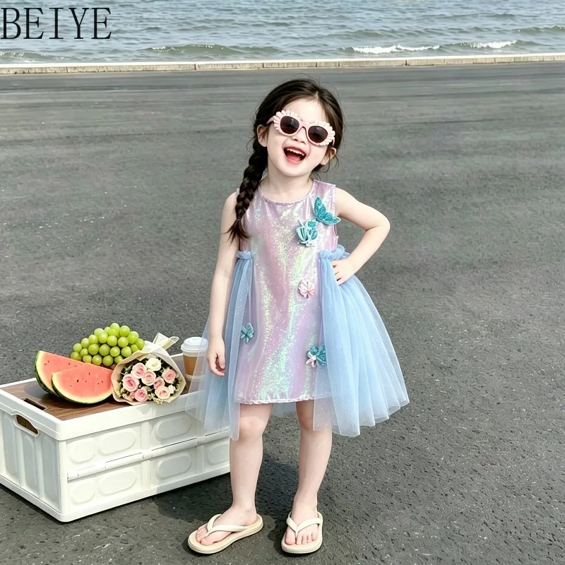 Baby Girls Fashion Mermaid Vest Princess Dress Summer New Splicing Sleeveless Dress Children Birthday Party Dress with Back Bow