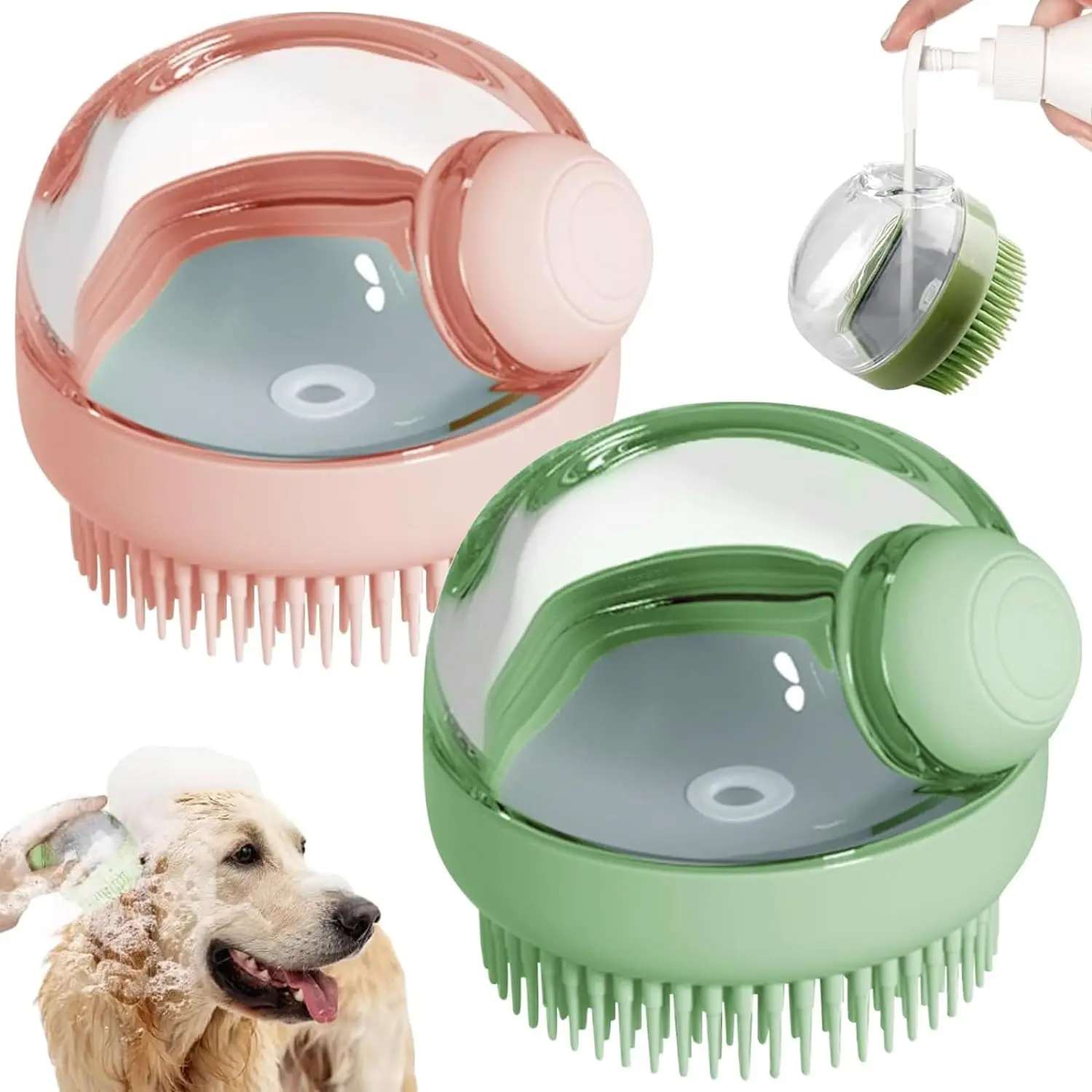 

Dog Bath Scrubber Brush, Pet Dog Grooming Massage Shampoo Bath Brush with Soap and Shampoo Dispenser Soft Silicone Bristle