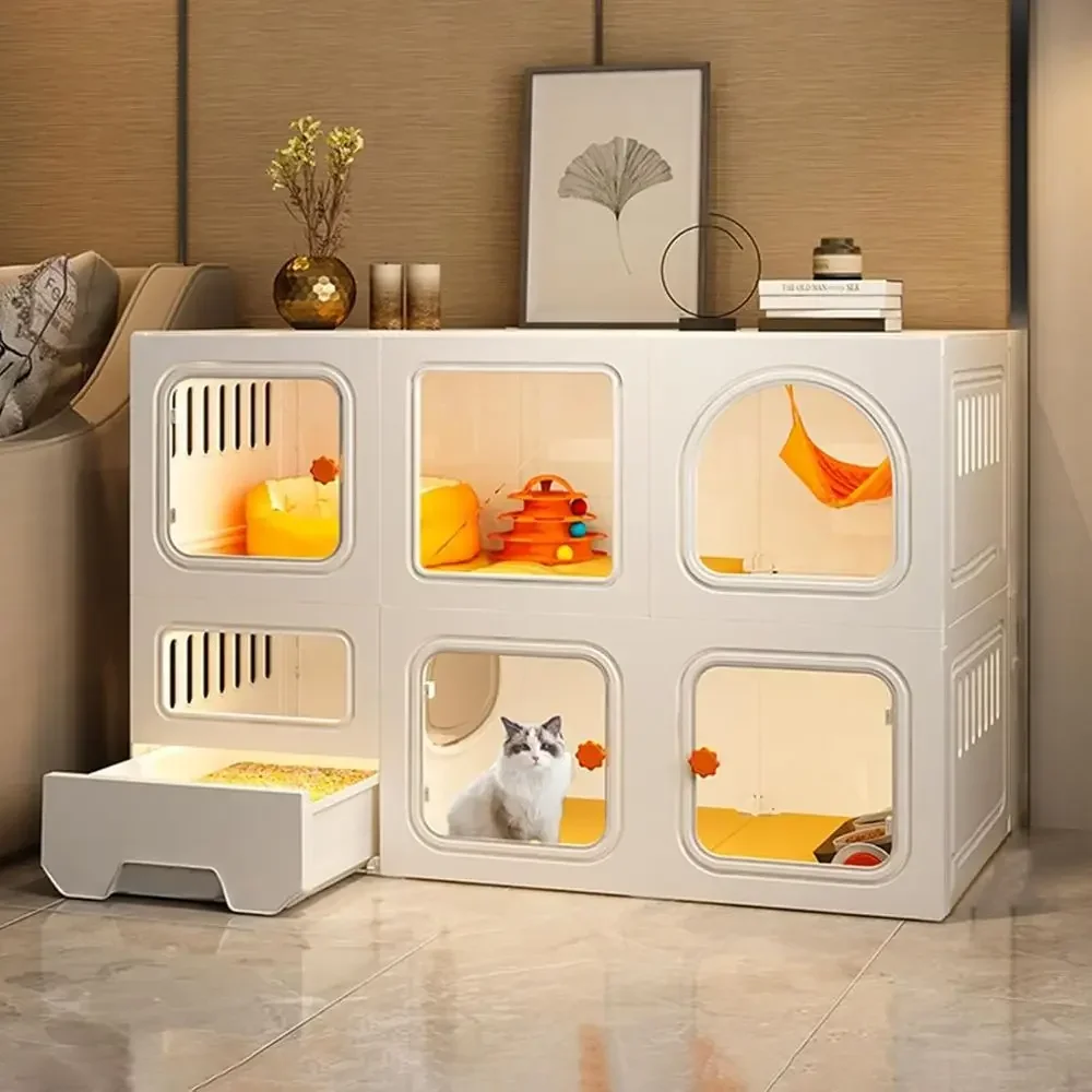Multi-Level White Indoor Cat Cage with Litter Box, Large Size (41.7x18.3x27.9in)