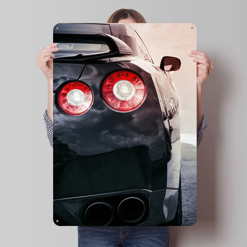 

Sleek Black Sports Rear View Car Metal Poster Custom Wall Art Retro Vintage Tinplate Signs for Man Cave Luxury Home Decor Items
