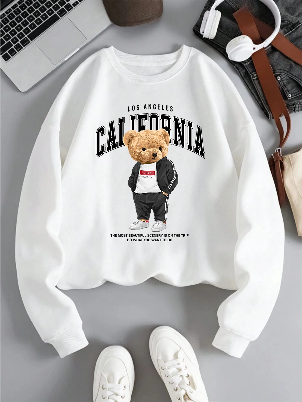 Fashion Women\'S Sweatshirt California Los Angeles Letter Bear Printed Pullover Soft Breathable Loose Hoodie Autumn Streetwear