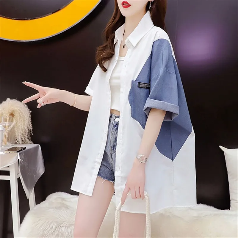 Mid Length Denim Patchwork Short Sleeved Shirt Female Spring Summer Autumn 2024 New Women Top Fashion Sun Resistant Shirt Jacket