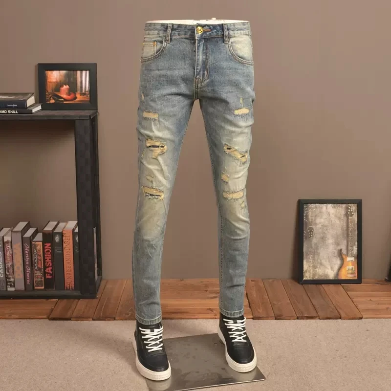 Fashion Designer Men Jeans High Quality Retro Washed Elastic Slim Fit Hole Ripped Jeans Men Patched Vintage Denim Pants Hombre