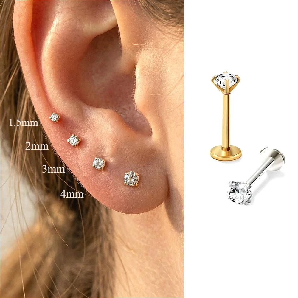 2/8 pçs de aço inoxidável earring nariz parafuso prisioneiro cartilagem piercing jóias helix tragus lábio cor ouro brincos minúsculos para mulher 18g