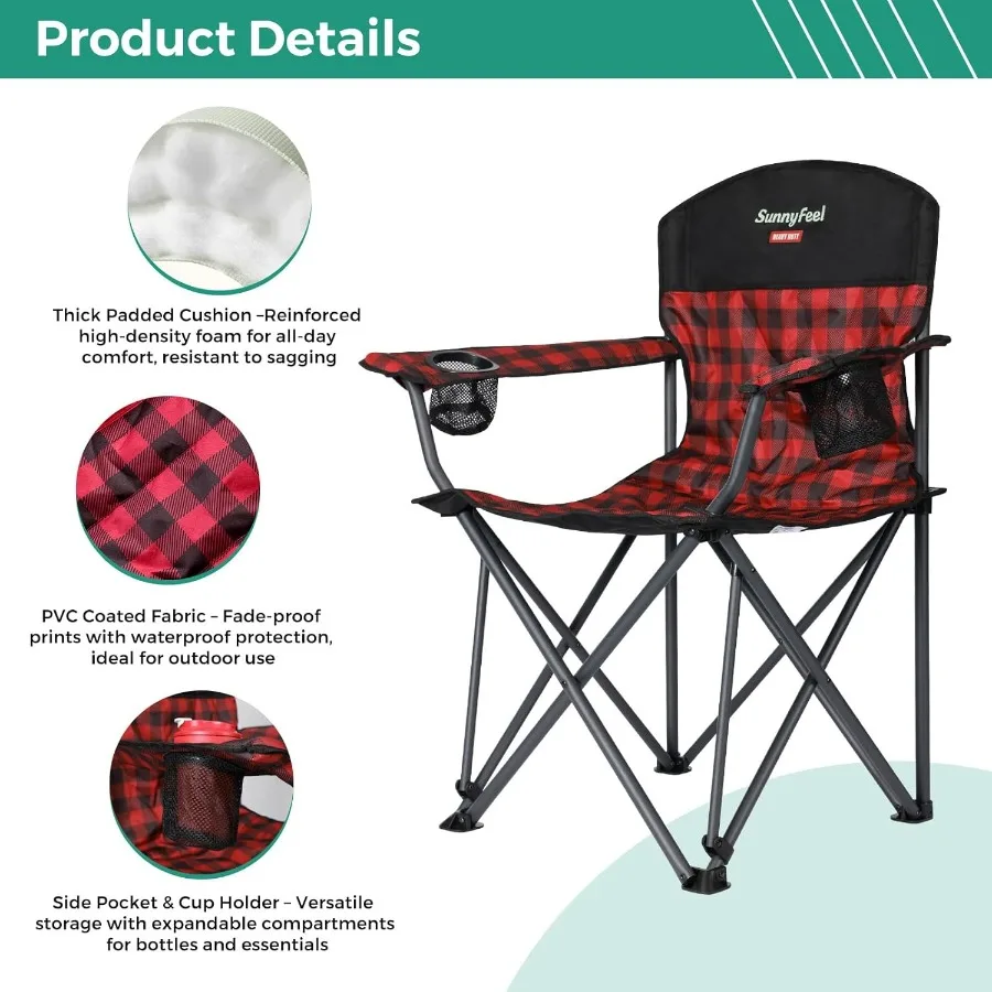 كرسي تخييم قابل للطي كبير الحجم 800 رطل شديد التحمل للأشخاص الكبار الطويلين كراسي قابلة للطي محمولة مبطنة باللون الأحمر مع كوب مسند للذراعين #4