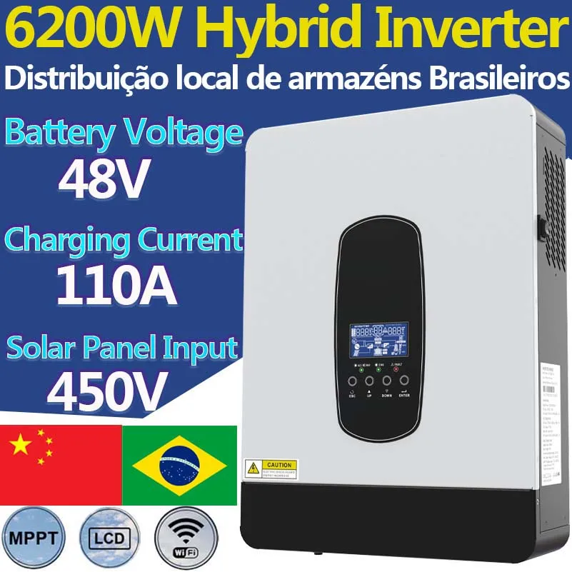 Bateria Híbrida do Inversor com Controlador de Carga Solar Mppt 6200w 48v Saída ac 210v 220v 230v Entrada Máxima pv 450v 110a Embutido
