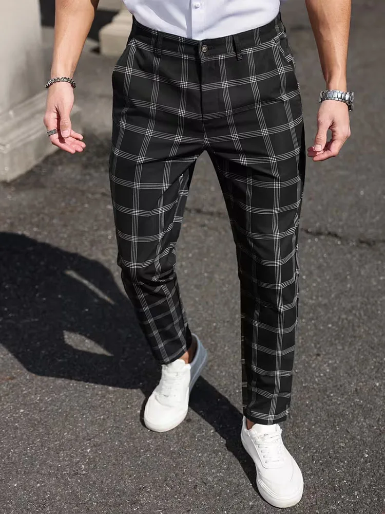 

Men's Suit Pants Stretch Formal Trousers Slim Fit Plaid Casual Dress Full Length High Street Pants Fashion New Men Clothing