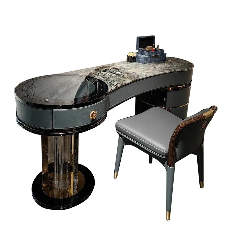 

Italian light luxury stone dresser painted stainless steel villa leather soft bag marble makeup table