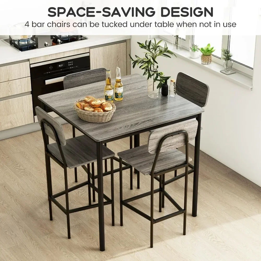 5-Piece Dining Table Set with Counter Height Tables & 4 Bar Stools with Footrest & Backrest, Dining Table Set