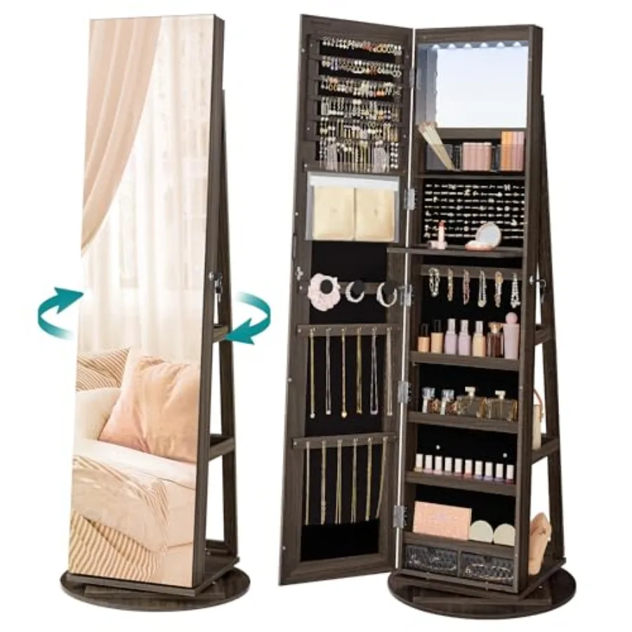 

6 LEDs Lockable Mirror Jewelry Cabinet 360° Swivel Jewelry Organizer Armoire Standing Frameless Full-Length Mirror 3 Storage Sh