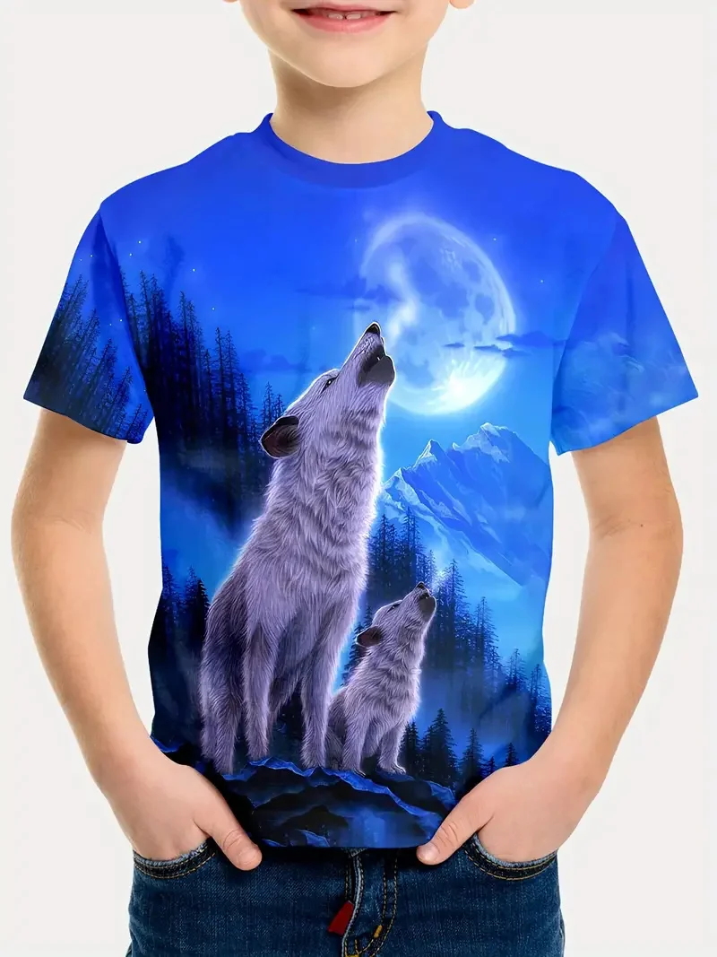 2024 Retro Wolf 3d Print Top Tee Shirt Fashion T Shirt Animal Kids Boy Clothes Anime Short Sleeve Casual Odzież dziecięca