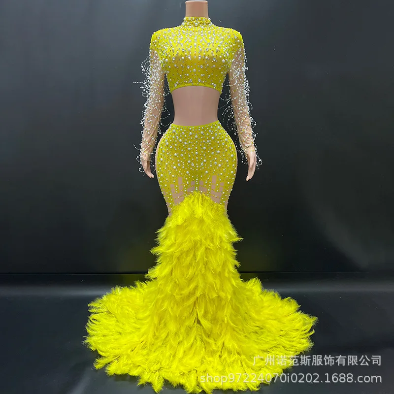 فاخر لؤلؤة الماس سبليت قطعتين ريشة مزاجه فستان شركة الاجتماع السنوي المرأة الراقية فستان Vestido Para igreja