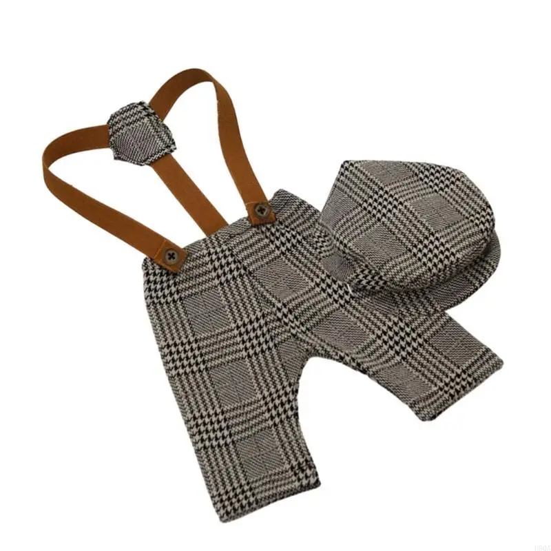 D5QA Uroczy strój dla chłopca dla niezapomnianych zdjęć Kombinezon w kratkę z zestawem kapeluszy prezentowym