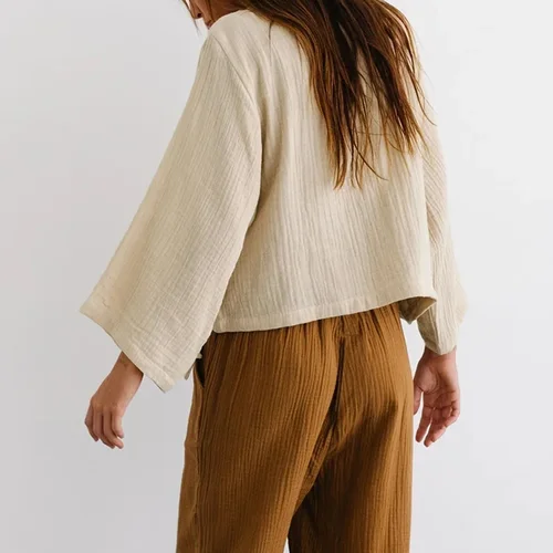 Imagen 2 del producto Camiseta informal de muselina 100% de algodón para mujer, Top de manga larga con cuello en V, blusa elegante de vendaje