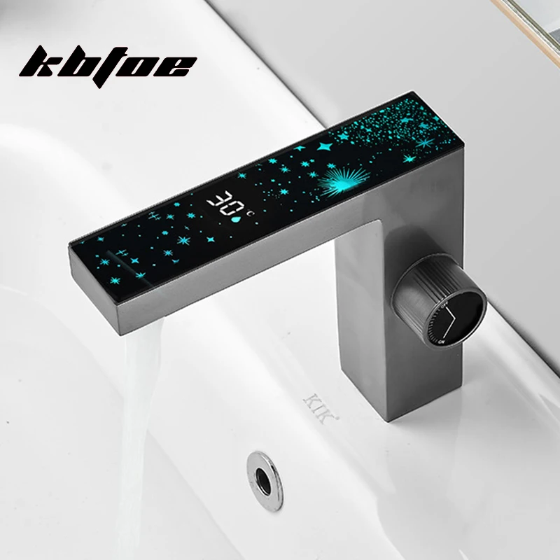 

Gun Grey Smart Mixer Tap Digital Temperature Display LED Color Changing Starry Sky Light Luxury Bathroom Basin Sink Faucet