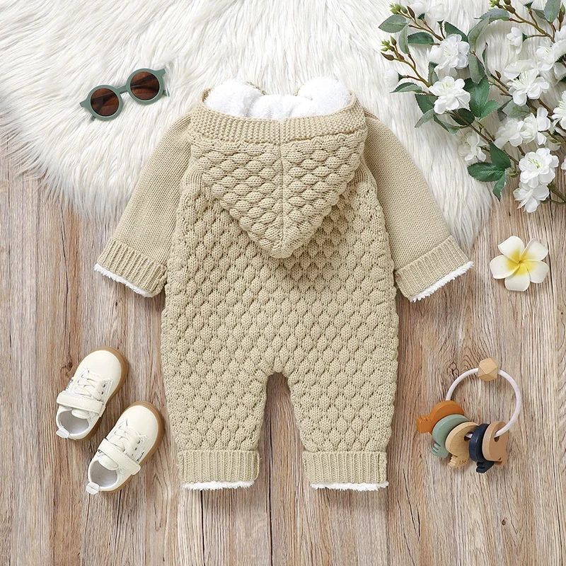 Inverno Pagliaccetto Del Bambino Manica Lunga Neonato Ragazza Ragazzo Tuta Lavorata A Maglia Moda Con Cappuccio Infantile Vestiti Del Bambino 0-18M Tuta In Pile Caldo