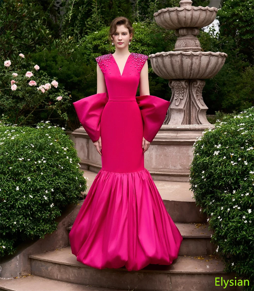 

Customized Exquisite Fuchsia Satin Evening Dress V-Neck Sleeveless Celebrity Gowns Bespoke Occasion Gowns Bow Crystal Sparkly