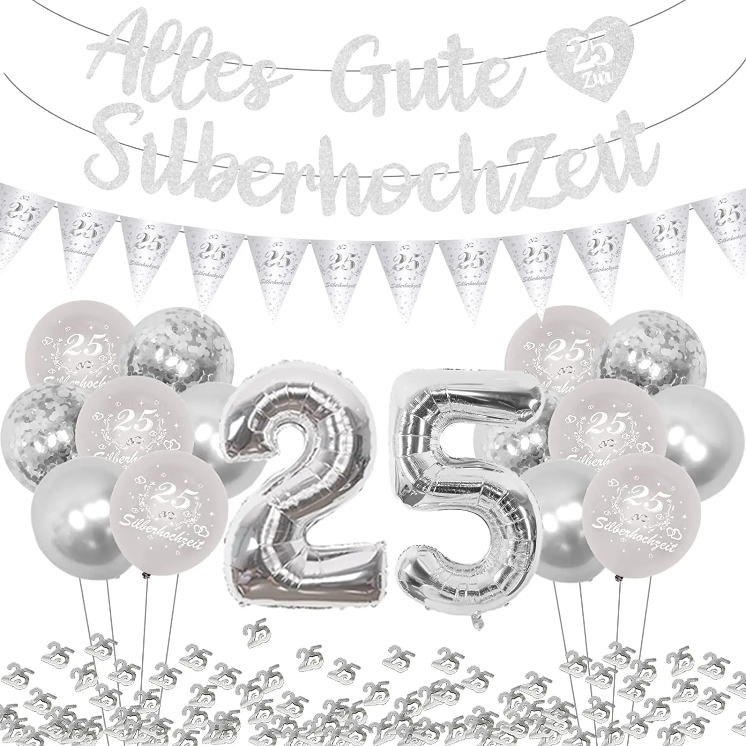 Glitter Banner Garland for 25th Anniversary, Decor Set, Alles Gute, Silver, 25 Confetti, Wedding Supplies