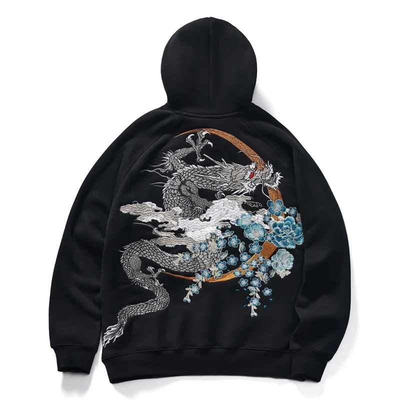 23 New Autumn and Winter Dragon Thorn Hood Fleece-lined Thickened Yokosuka Embroidery Men and Women Couple Hoodie Fashion Bra...