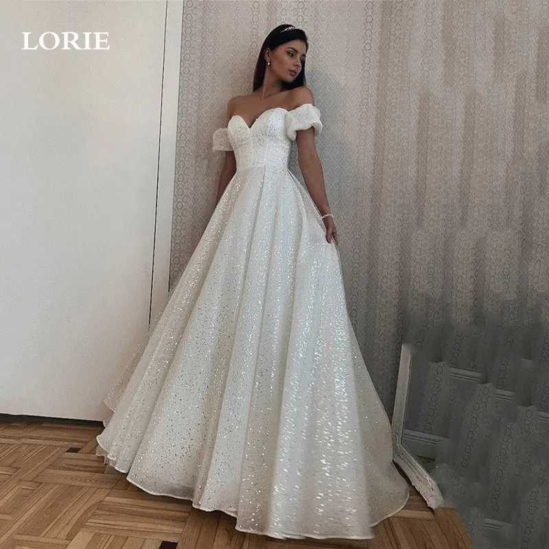 LORIE shiny Glitter Tulle Wedding Dress A Line Sweetheart Neck Bride Dresses Detachable Sleeve Wedding Gowns 2024 Customized