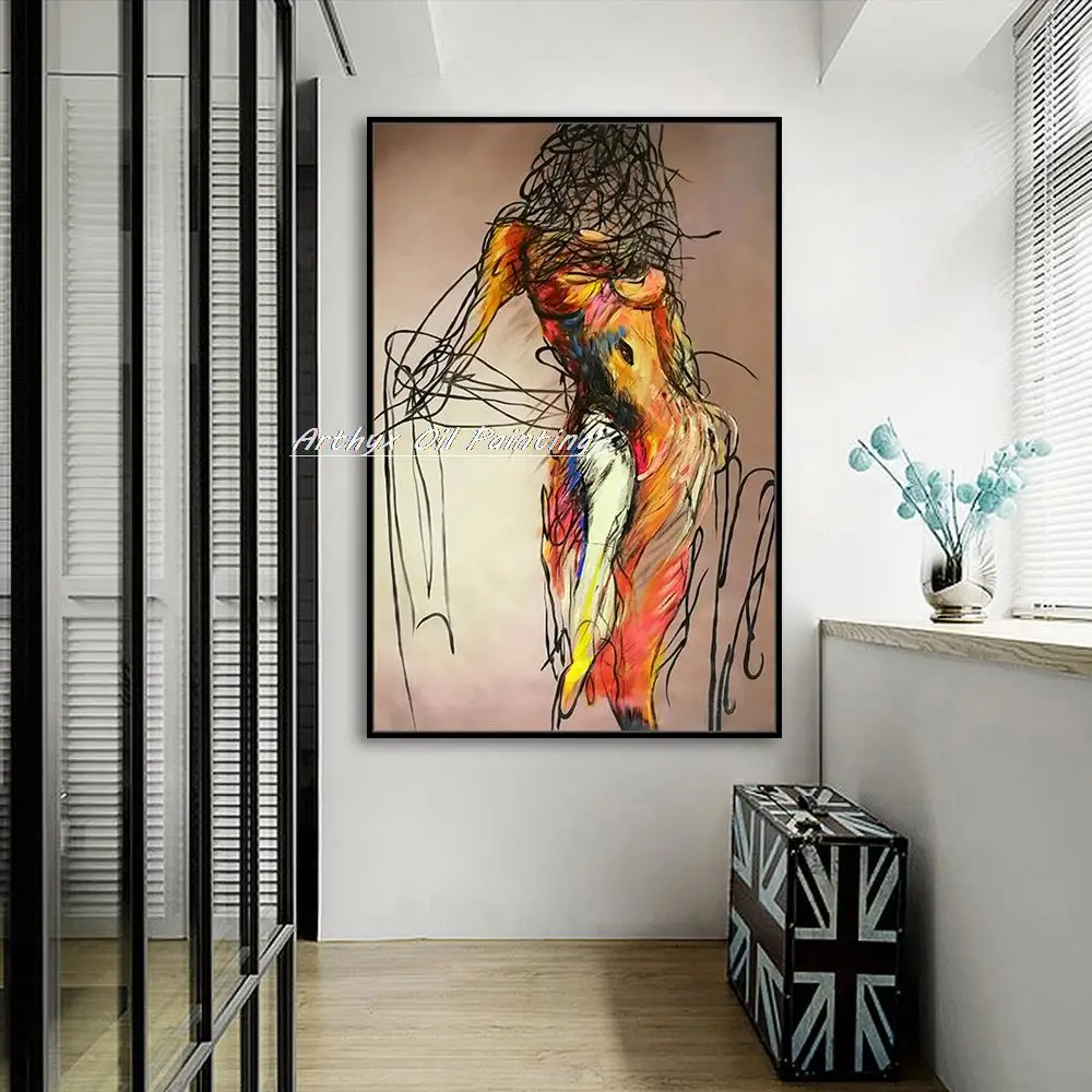 Arthyx Large Handpainted Abstract Naked Woman Oil Paintings On Canvas,Modern Figure Wall Art,Pictures Room Decoration,Home Decor