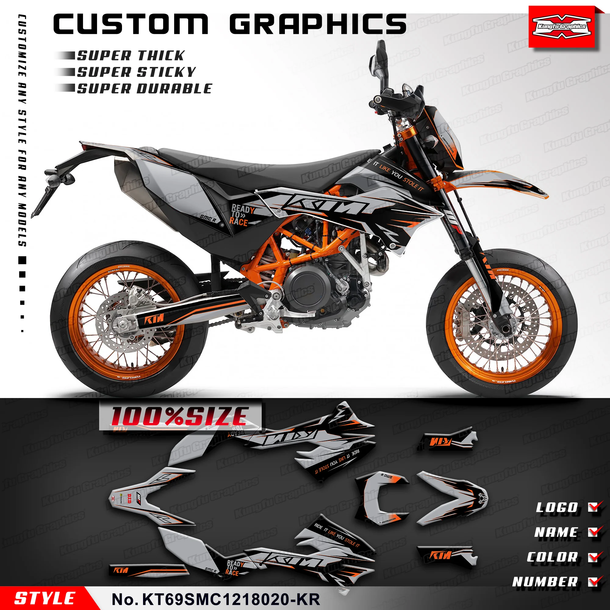 KUNGFU GRAPHICS Sticker Kit Graphics Kit for KTM 690 SMC-R 690 SMC R 2012 2013 2014 2015 2016 2017 2018, KT69SMC1218020-KR