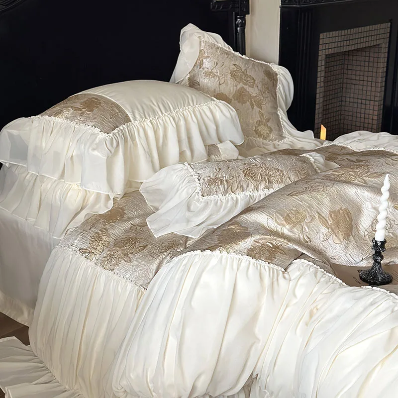 

European Jacquard Embroidery Bedding Set Luxury Chiffon Lace Egyptian Cotton Duvet Cover Bed Sheet Pillowcases Queen King Size